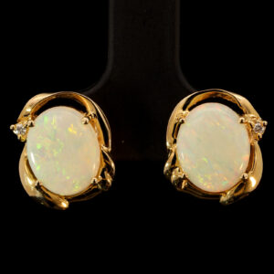 Yellow Gold Blue Green Yellow Orange Crystal Opal and Diamond Earrings