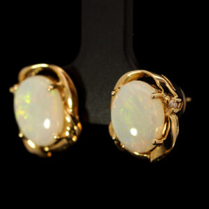 Yellow Gold Blue Green Yellow Orange Crystal Opal and Diamond Earrings