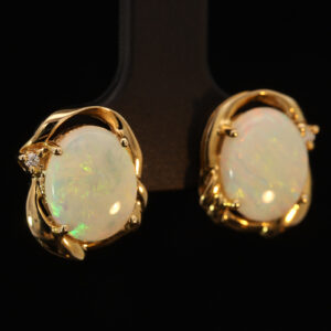 Yellow Gold Blue Green Yellow Orange Crystal Opal and Diamond Earrings