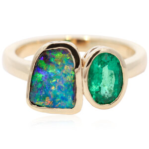Custom Yellow Gold Blue Green Yellow Orange Boulder Opal and Emerald Ring