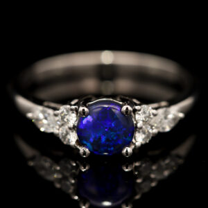 White Gold Blue Purple Black Opal and Diamond Ring