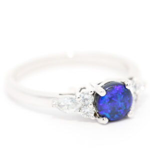 White Gold Blue Purple Black Opal and Diamond Ring