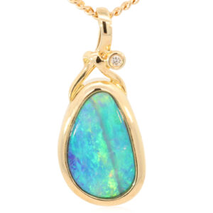 Yellow Gold Blue Green Yellow Orange Doublet Opal and Diamond Pendant