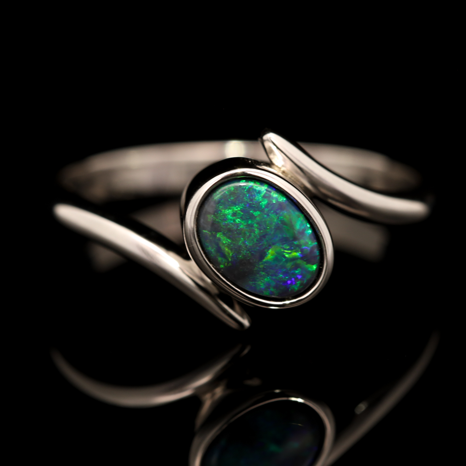Sterling Silver Blue Green Black Opal Ring