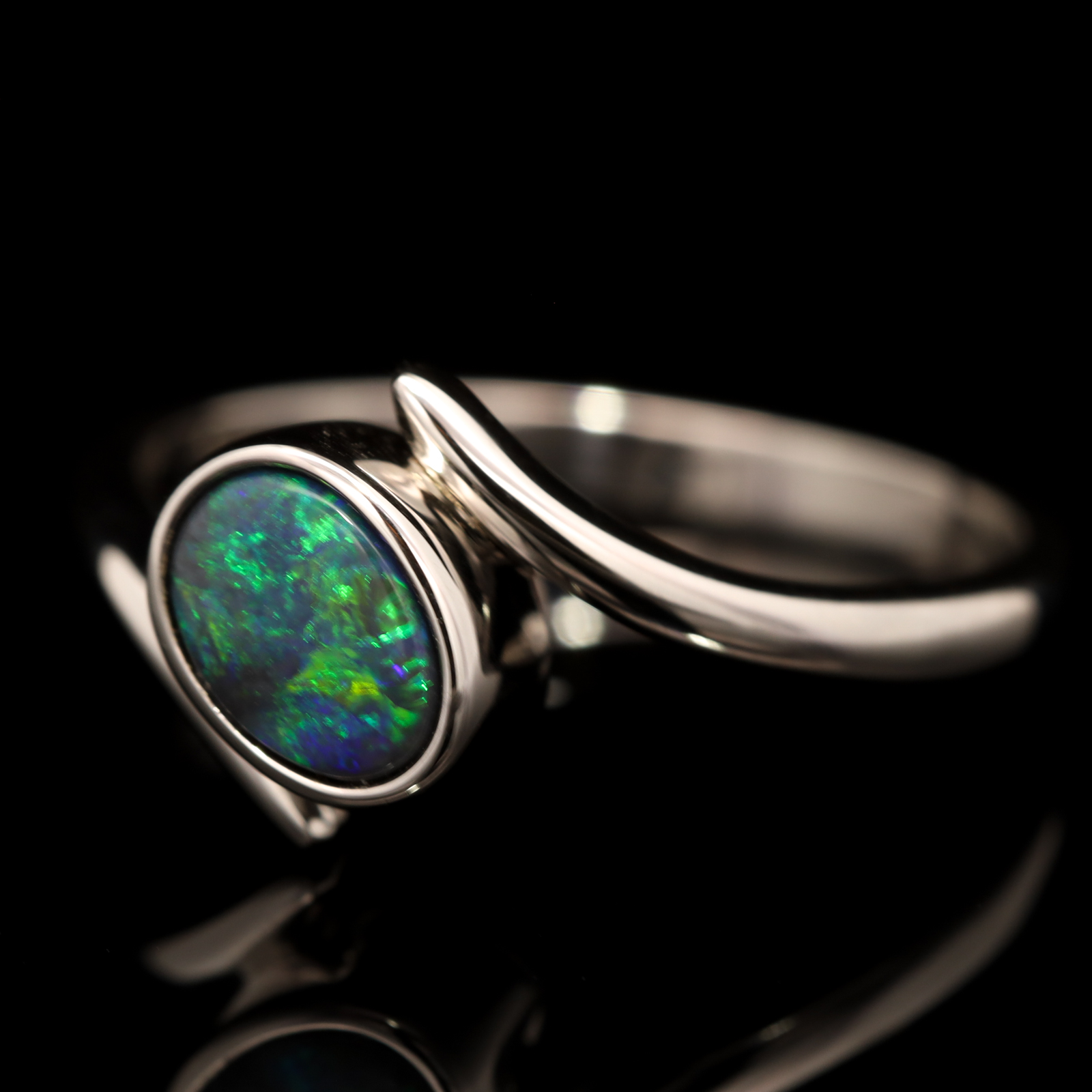 Sterling Silver Blue Green Black Opal Ring