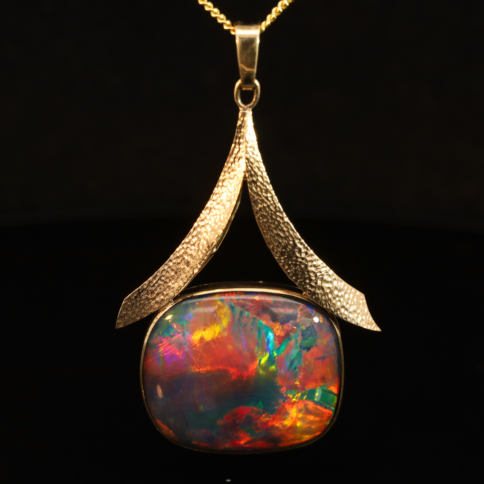 Yellow Gold Blue Green Yellow Orange Red Triplet Opal Pendant
