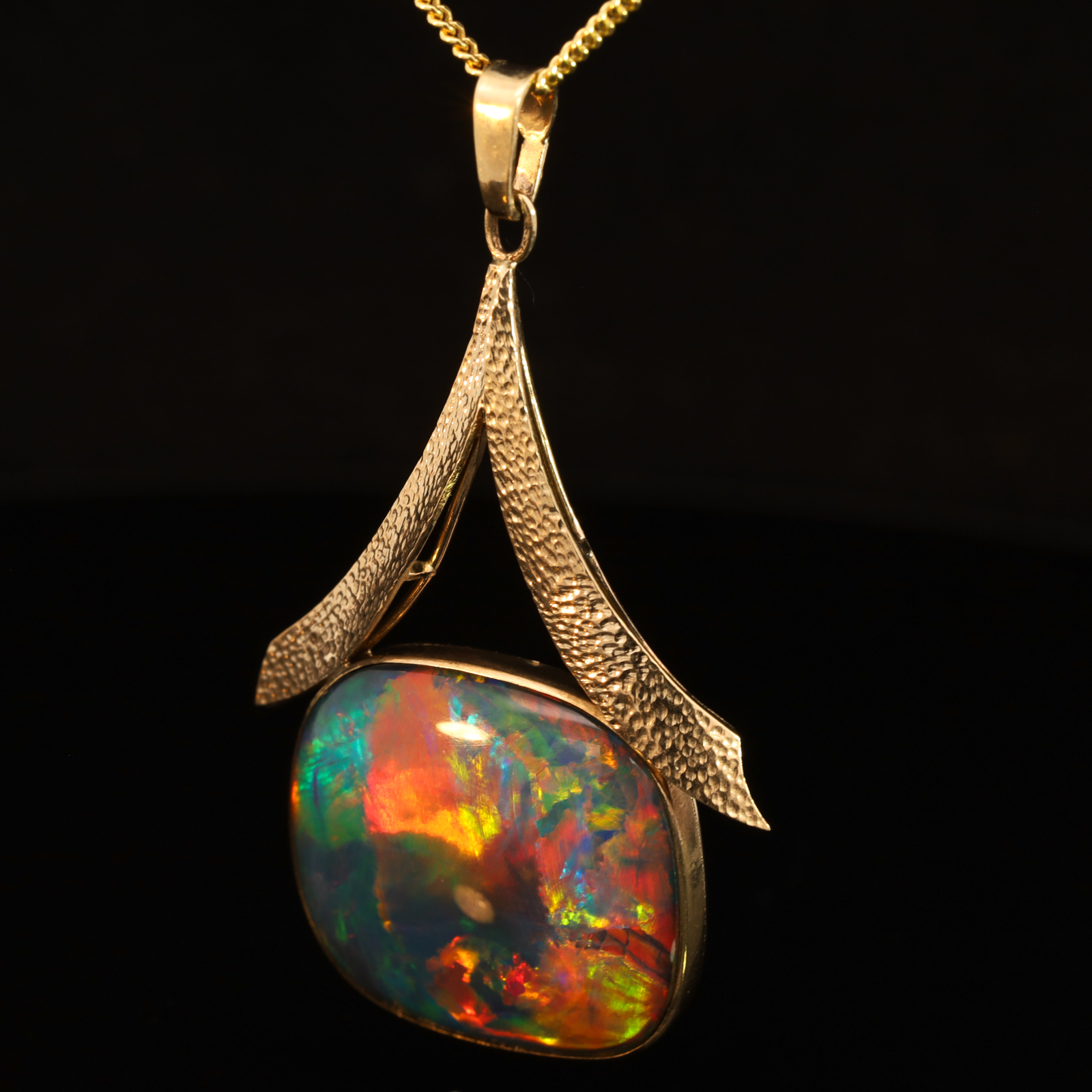 Yellow Gold Blue Green Yellow Orange Red Triplet Opal Pendant