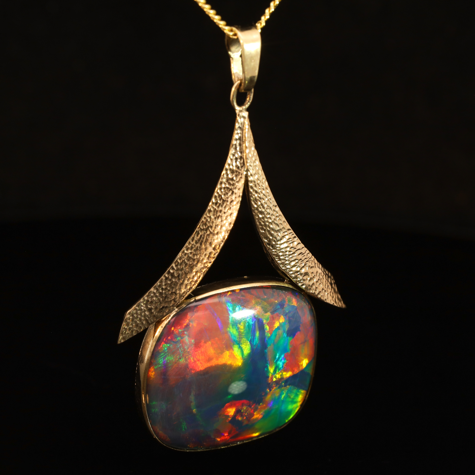 Yellow Gold Blue Green Yellow Orange Red Triplet Opal Pendant