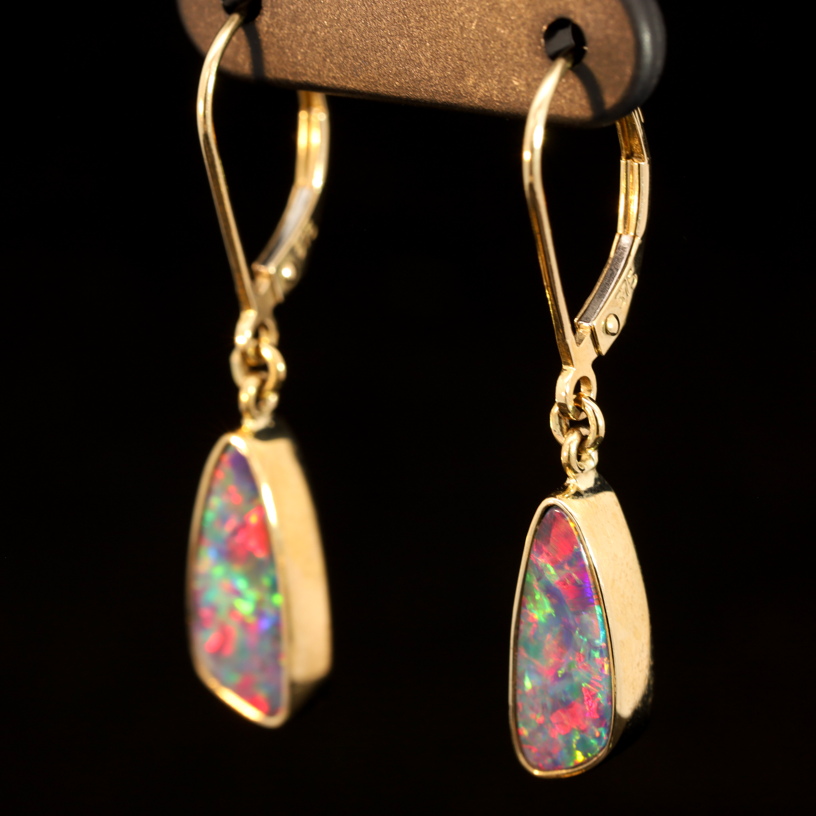 Yellow Gold Blue Green Yellow Orange Red Doublet Opal Earrings