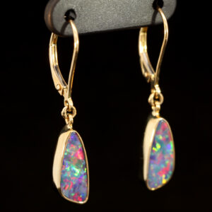 Yellow Gold Blue Green Yellow Orange Red Doublet Opal Earrings