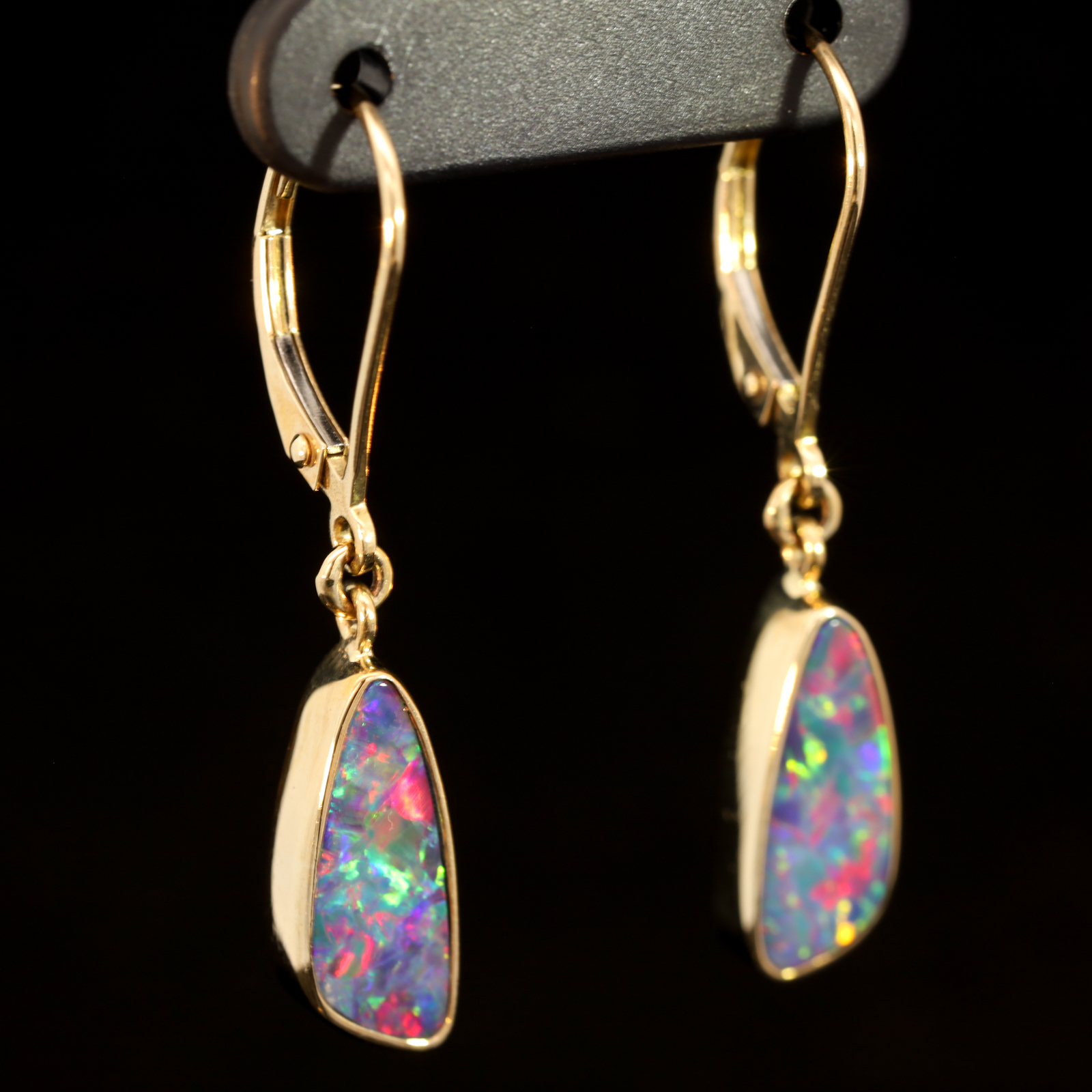 Yellow Gold Blue Green Yellow Orange Red Doublet Opal Earrings