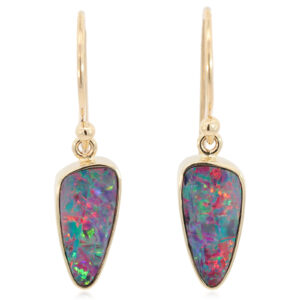 Yellow Gold Blue Green Yellow Orange Red Doublet Opal Earrings
