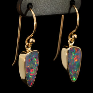 Yellow Gold Blue Green Yellow Orange Red Doublet Opal Earrings