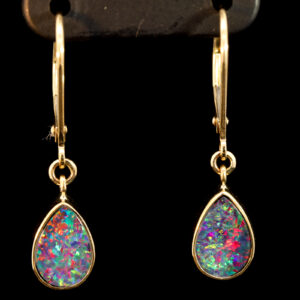 Yellow Gold Blue Green Yellow Orange Red Doublet Opal Earrings