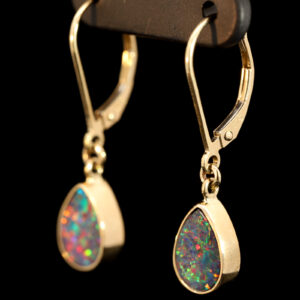 Yellow Gold Blue Green Yellow Orange Red Doublet Opal Earrings