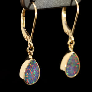 Yellow Gold Blue Green Yellow Orange Red Doublet Opal Earrings