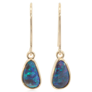 Yellow Gold Blue Green Black Opal Earrings