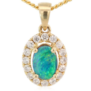 Yellow Gold Blue Green Boulder Opal and Diamond Pendant