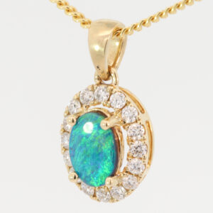 Yellow Gold Blue Green Boulder Opal and Diamond Pendant