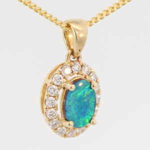 Yellow Gold Blue Green Boulder Opal and Diamond Pendant