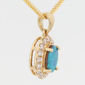 Yellow Gold Blue Green Boulder Opal and Diamond Pendant