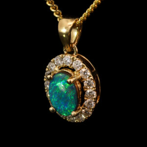 Yellow Gold Blue Green Boulder Opal and Diamond Pendant