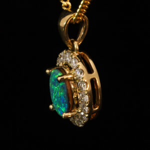 Yellow Gold Blue Green Boulder Opal and Diamond Pendant