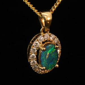 Yellow Gold Blue Green Boulder Opal and Diamond Pendant