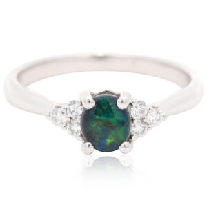White Gold Blue Green Black Opal and Diamond Ring