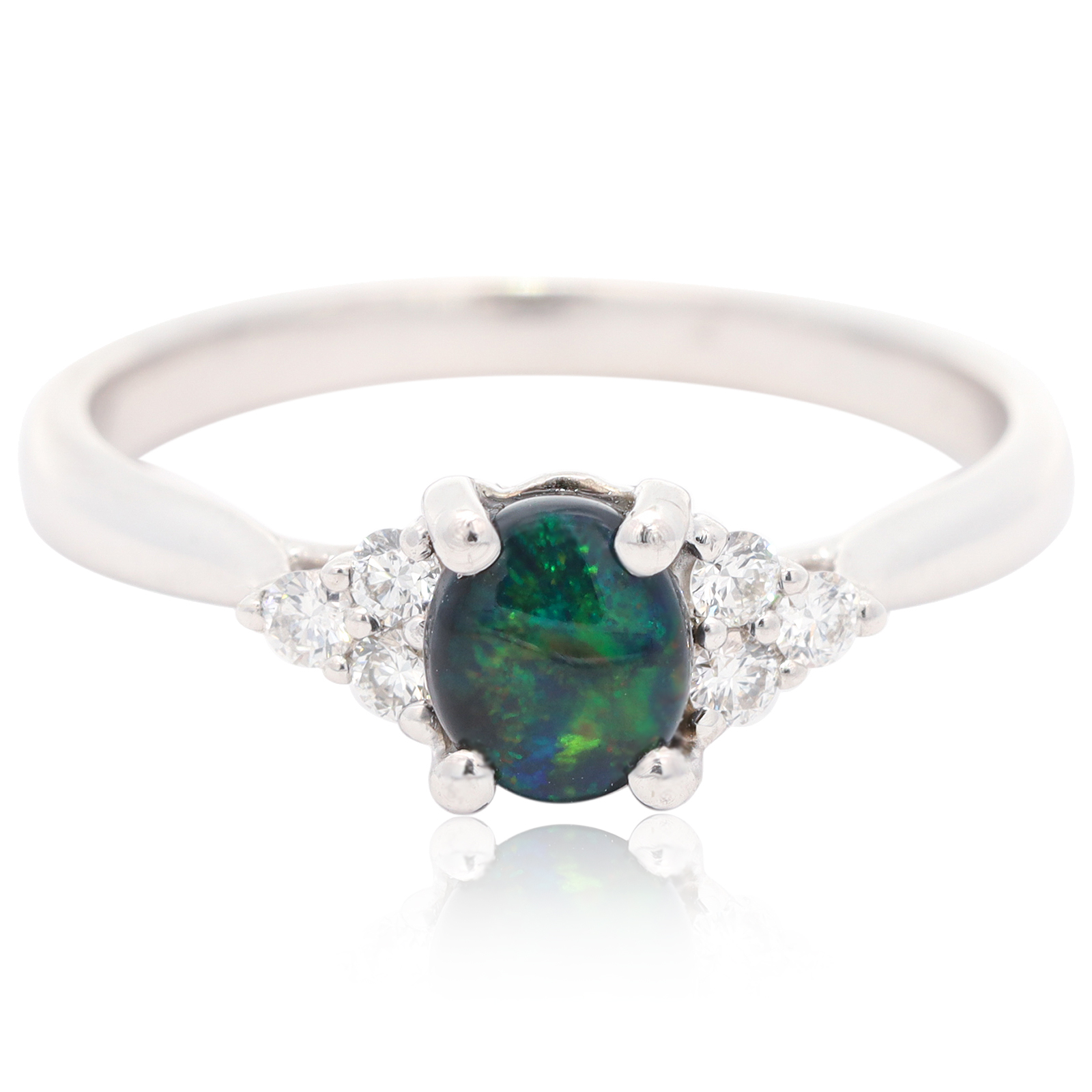 White Gold Blue Green Black Opal and Diamond Ring