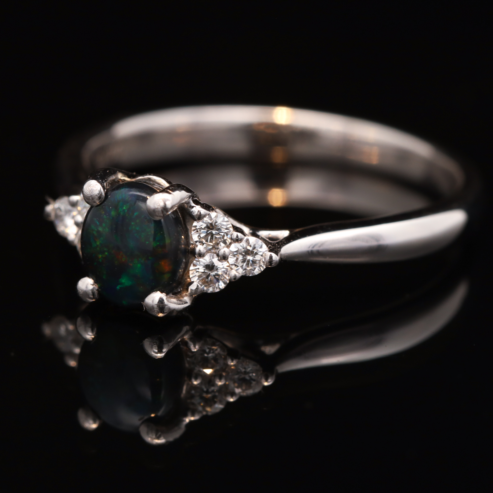 White Gold Blue Green Black Opal and Diamond Ring