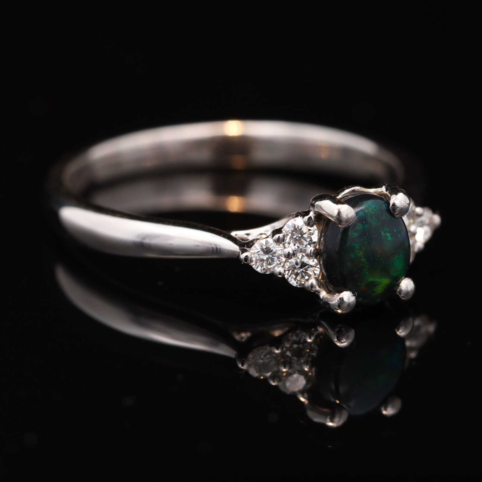 White Gold Blue Green Black Opal and Diamond Ring
