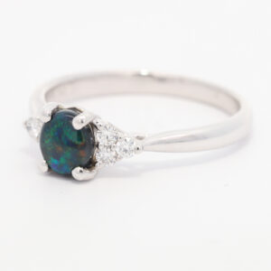 White Gold Blue Green Black Opal and Diamond Ring