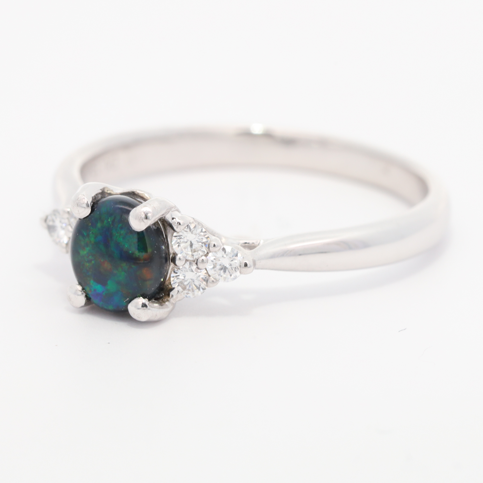White Gold Blue Green Black Opal and Diamond Ring