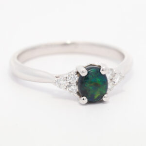 White Gold Blue Green Black Opal and Diamond Ring