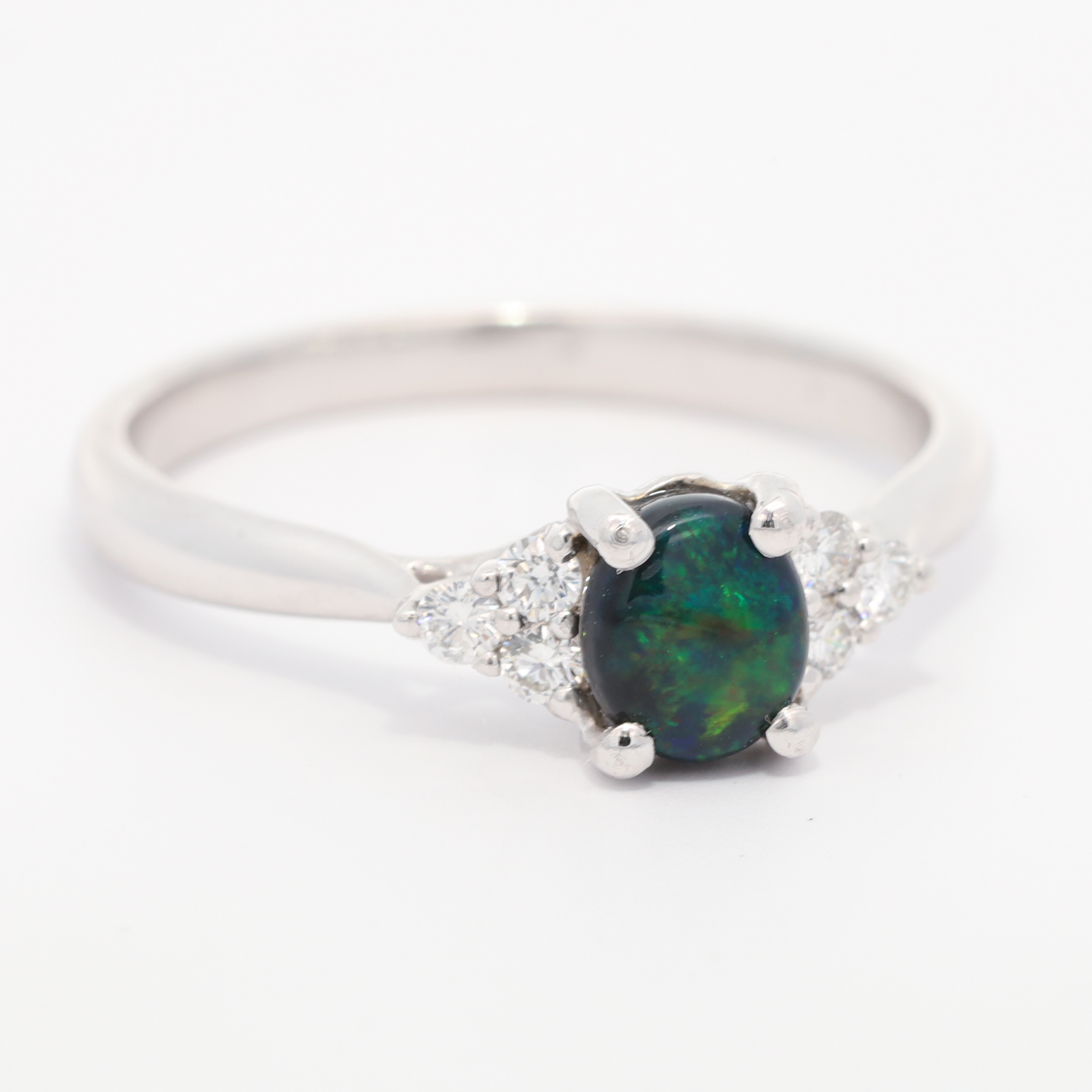 White Gold Blue Green Black Opal and Diamond Ring