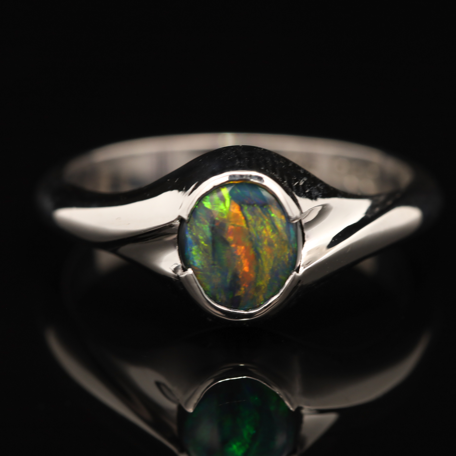 Sterling Silver Blue Green Yellow Orange Black Opal Ring