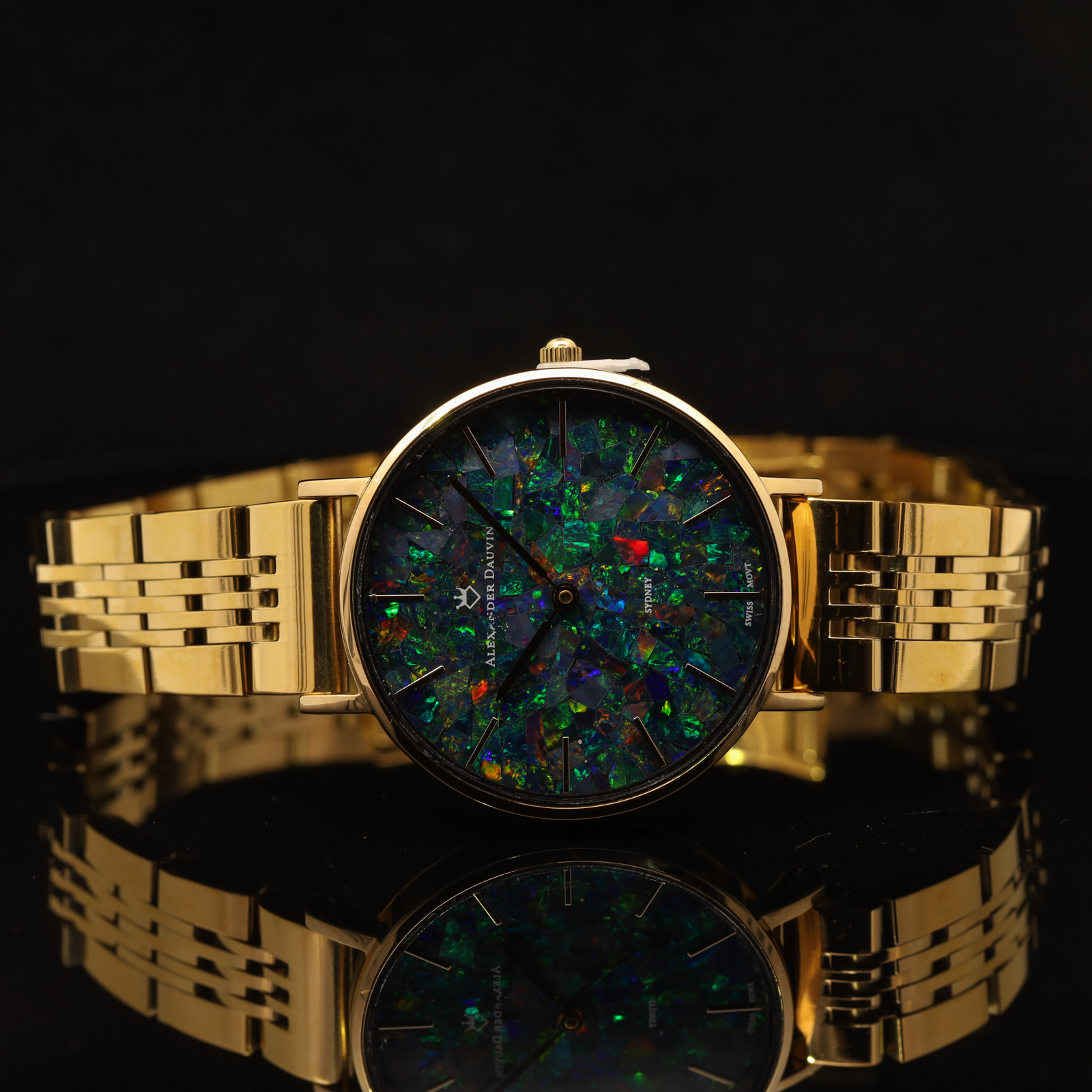 Gold Plated Blue Green Yellow Orange Red Doublet Opal Face Watch