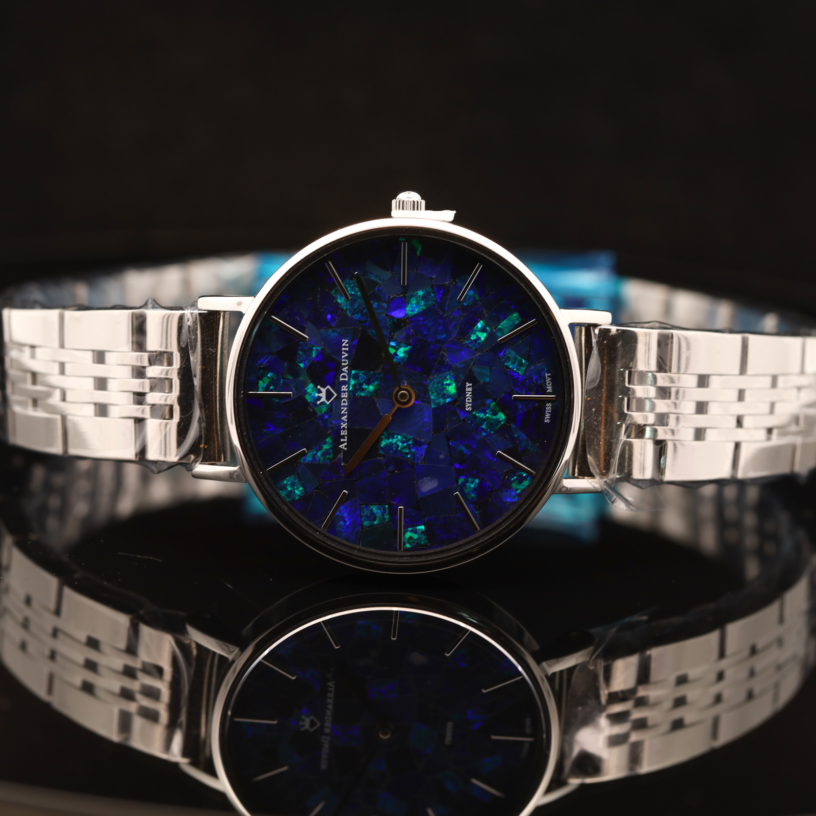 Silver-plated Blue Green Doublet Opal Face Watch