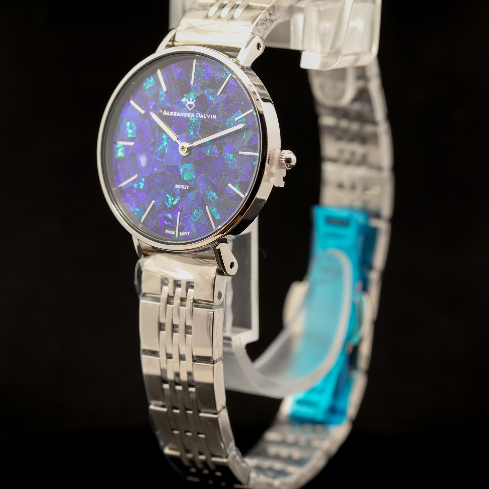 Silver-plated Blue Green Doublet Opal Face Watch