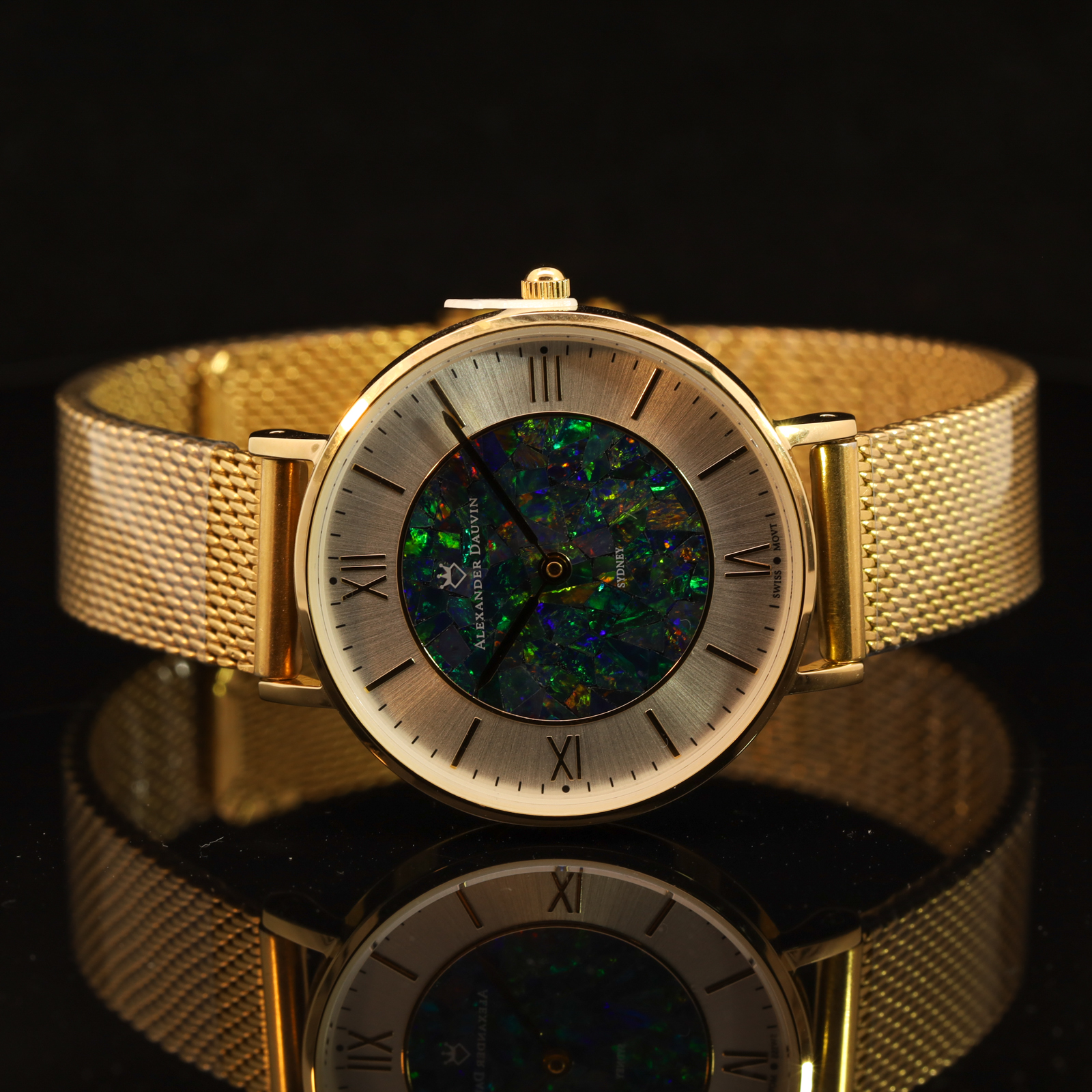 Gold-plated Blue Green Yellow Orange Red Doublet Opal Face Watch