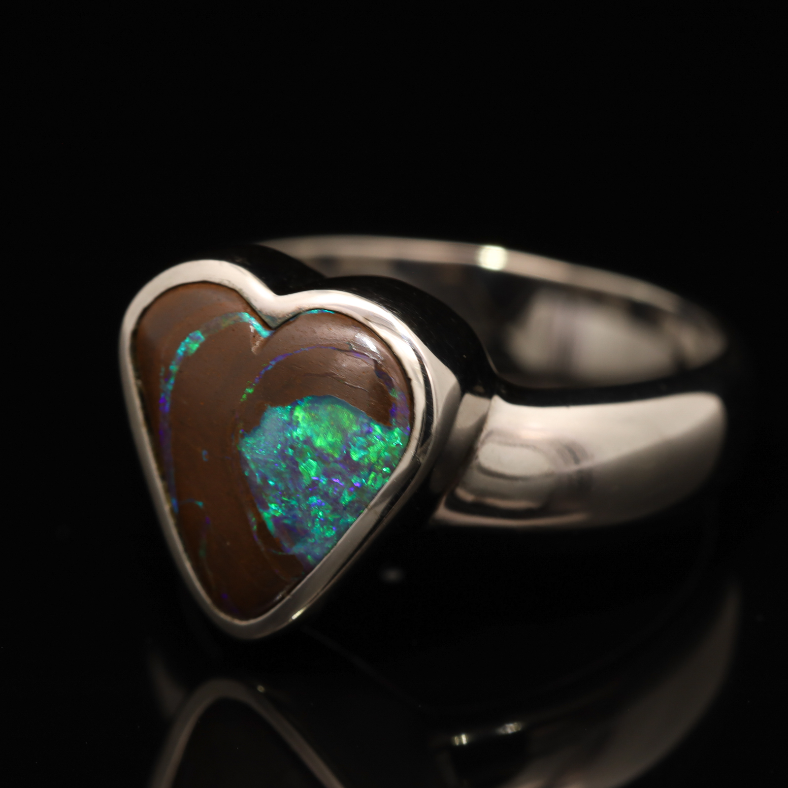 Sterling Silver Blue Green Boulder Opal Heart Ring