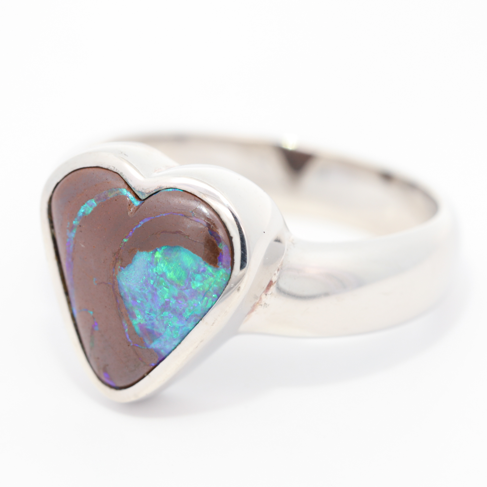 Sterling Silver Blue Green Boulder Opal Heart Ring