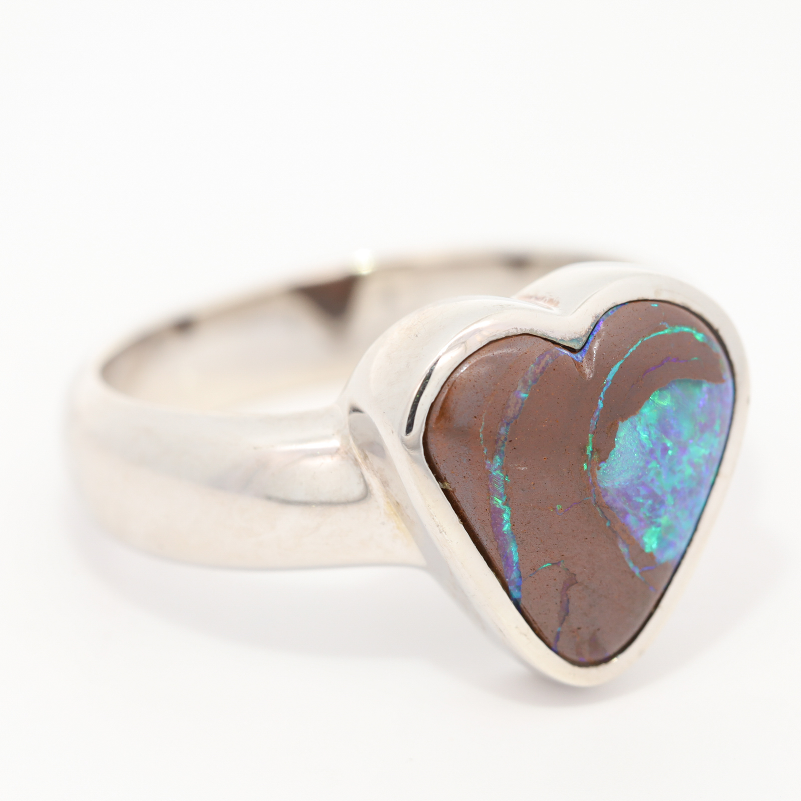 Sterling Silver Blue Green Boulder Opal Heart Ring