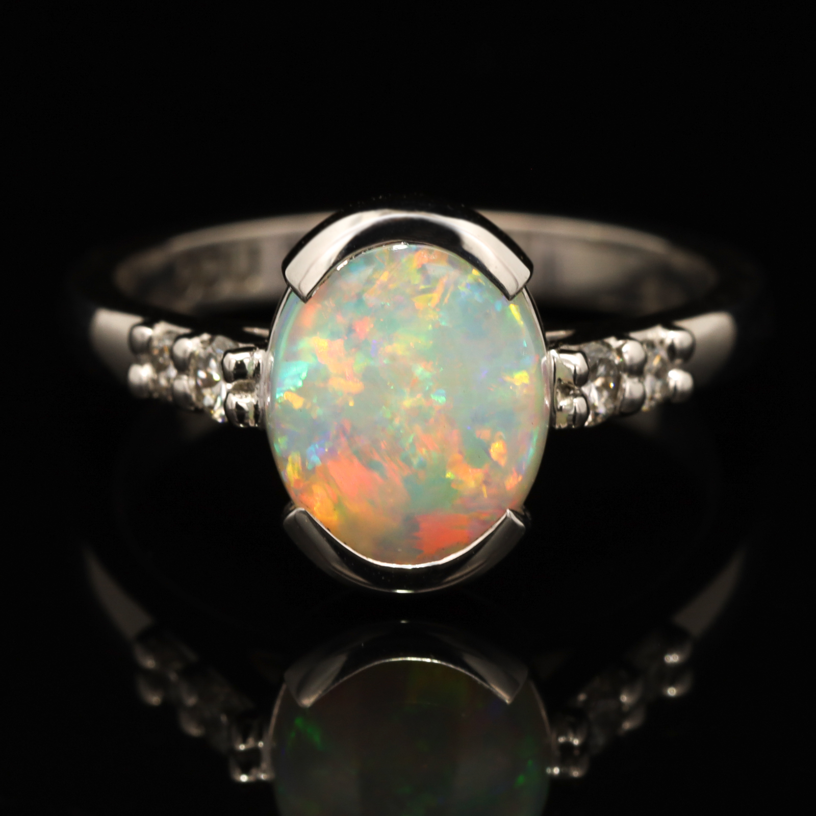 Custom White Gold Blue Green Yellow Orange Crystal Opal and Diamond Engagement Ring