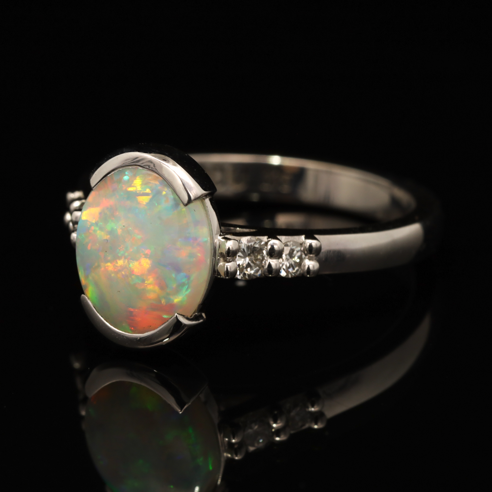 Custom White Gold Blue Green Yellow Orange Crystal Opal and Diamond Engagement Ring