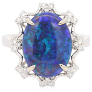 White Gold Blue Green Black Opal and Diamond Ring