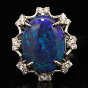 White Gold Blue Green Black Opal and Diamond Ring
