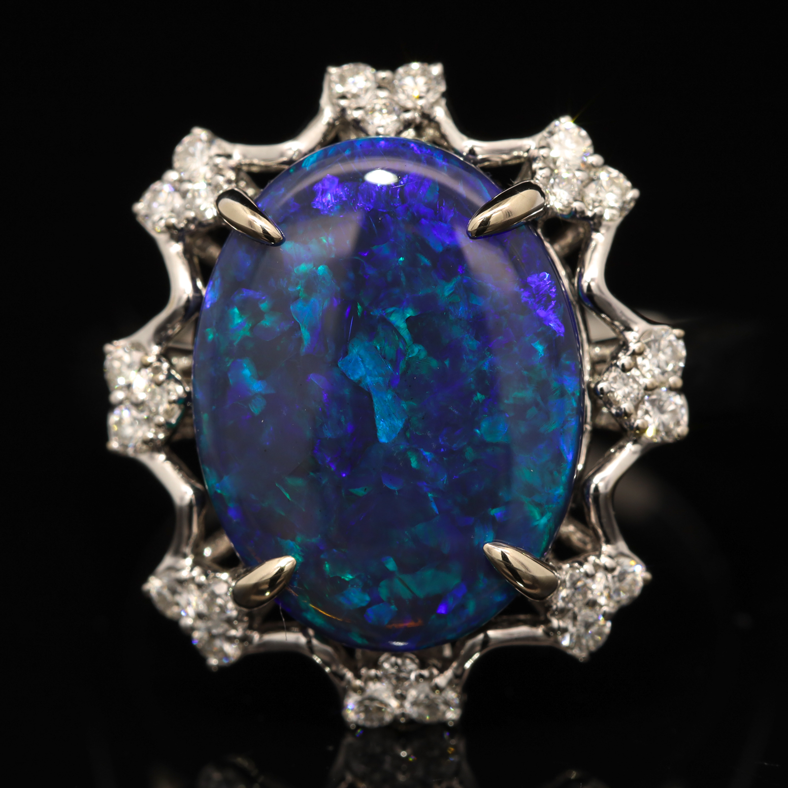 White Gold Blue Green Black Opal and Diamond Ring