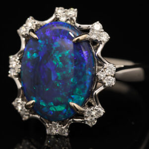 White Gold Blue Green Black Opal and Diamond Ring
